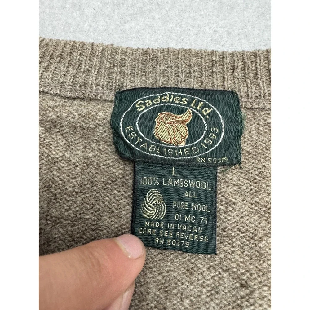 Saddles Ltd Sweater Mens Large Brown Lambswool V Neck Cable Knit Pullover Warm